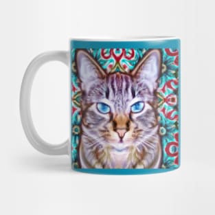 Tabby Cat Against a Colorful Pattern Mug